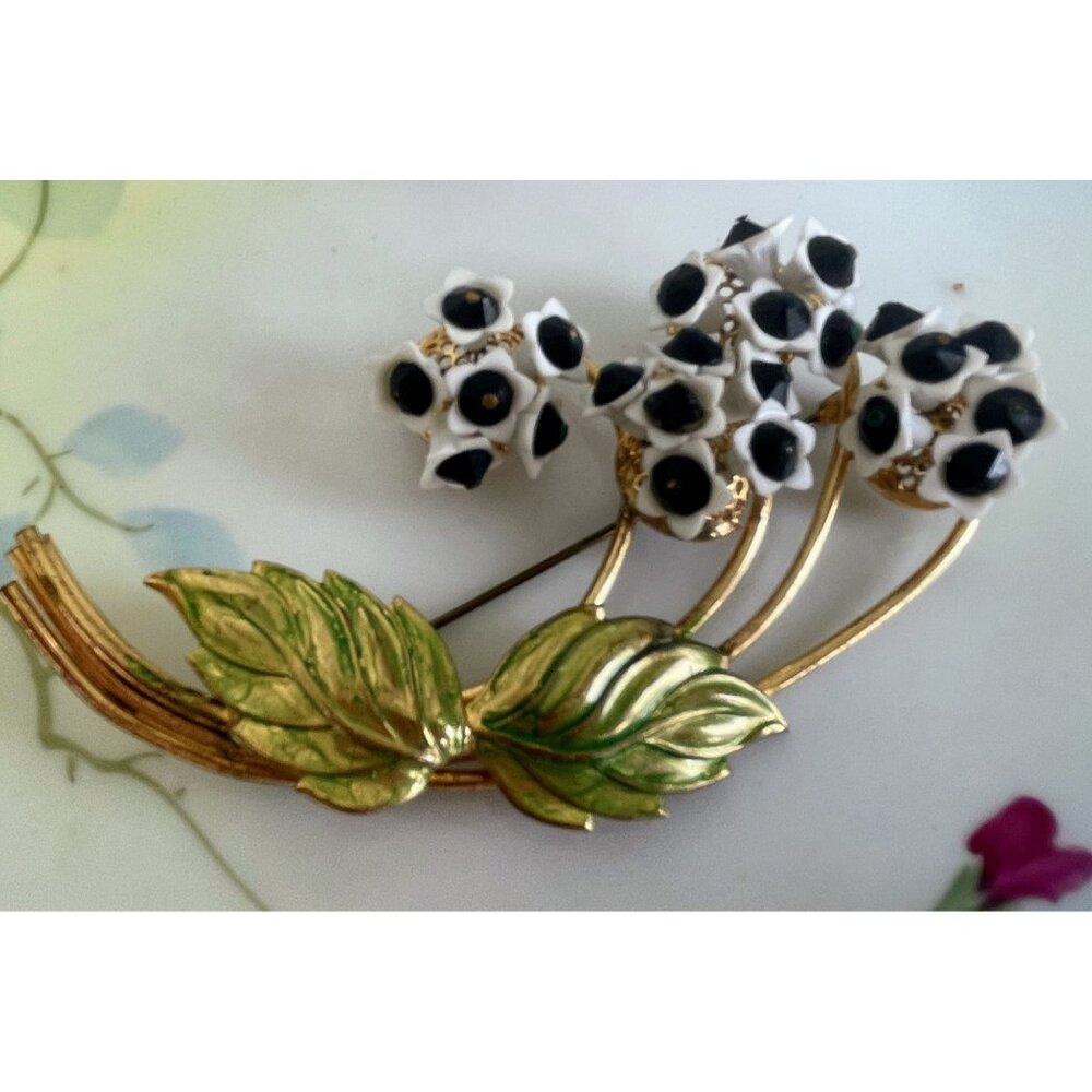 Vintage 1950s Metal Flower Brooch Porcelain Glass Bead Accents